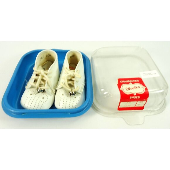 Vintage 1950s Baby Shoes White Booties w Bells Woolco Size 0 La Parisette - Picture 3 of 9